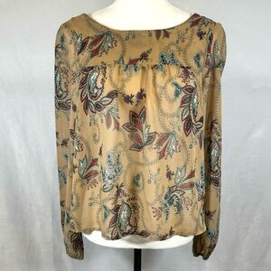Mocha paisley print lace back long sleeve peasant top size medium